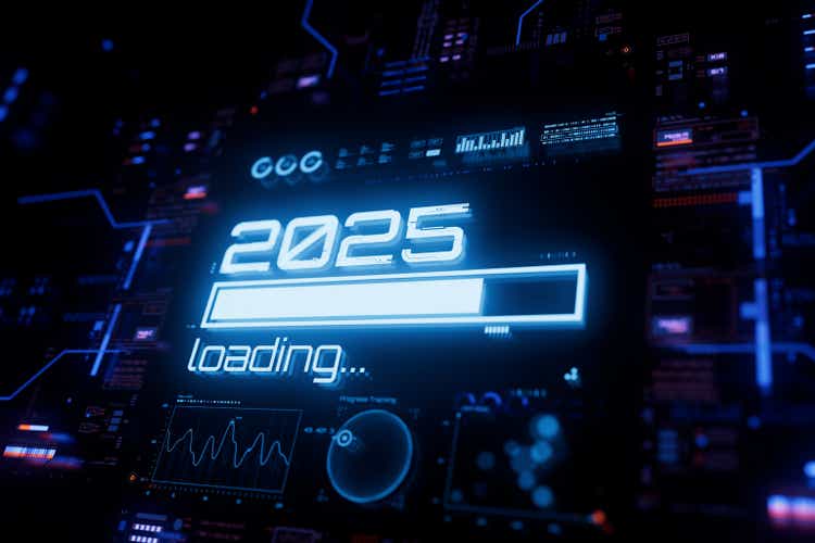 New 2025 year progress bar on digital lcd display with reflection.