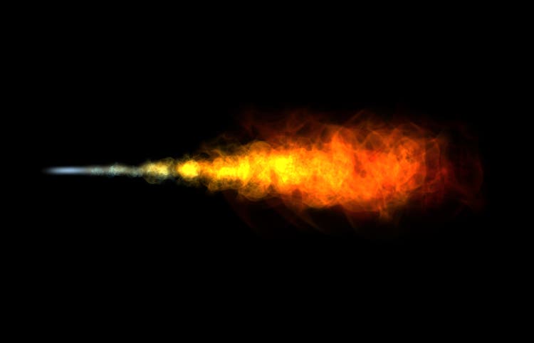 Intense gunshot flame burst isolated on black background, bright fiery blaze from firearm discharge, dynamic energy release moment in darkness