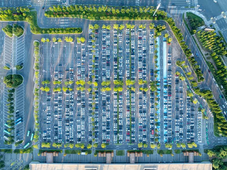 Huge outdoor parking lot, aerial shot