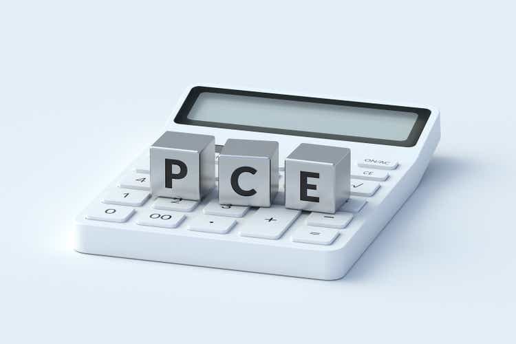 Acronym pce, personal consumption expenditure on cubes near calculator. Economic concept. Inflation evaluation. 3d render