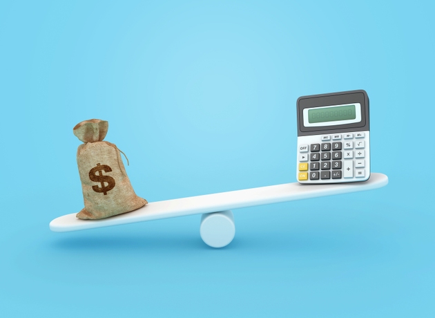 3D Calculator on Seesaw with Dollar Money Sack
