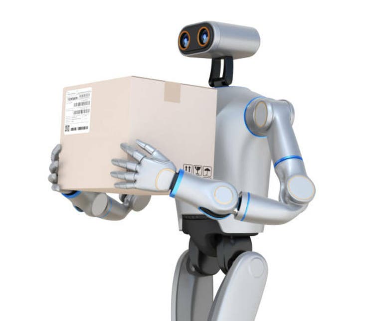 Humanoid AI Robot carrying cardboard box on white background