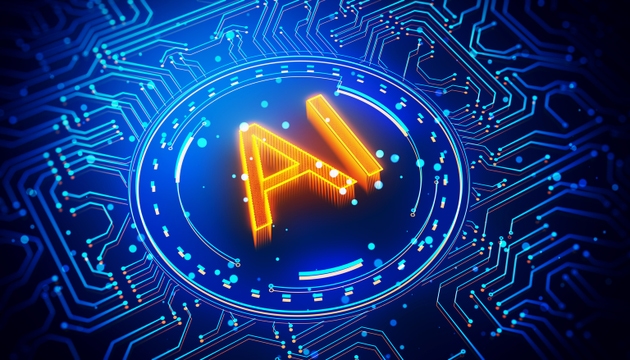 AI logo glowing in neon lights on a blue circuit background. 3D Rendering