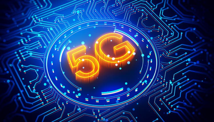 3D rendering of glowing 5G symbol on blue digital circuit background. 3D Rendering