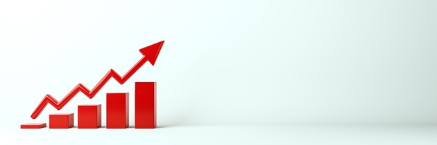 Red bar chart with upward arrow on light background. 3D Rendering