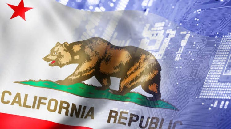 Flag of State of California on hi tech concept background.
