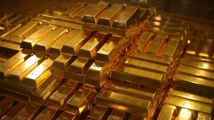 High Angle View Of Gold Ingots Stacked
