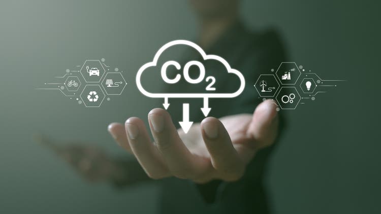 Concept of global warming, greenhouse gases, man holding carbon reduction icon. net zero and carbon neutrality, carbon emissions, carbon neutrality