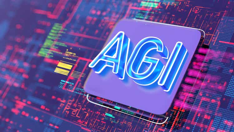 AGI - Artificial general intelligence text on CPU. digital background.