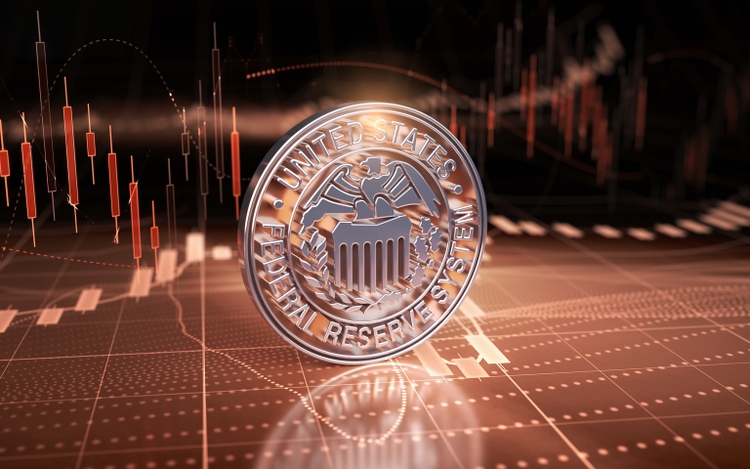 Metal Shiny Federal Reserve System Symbol on Finance Background (FED)