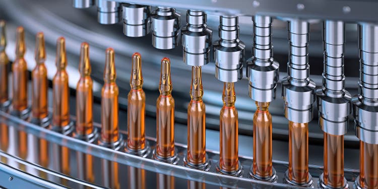 Pharmaceutical manufacturing. Medical glass vials conveyor line