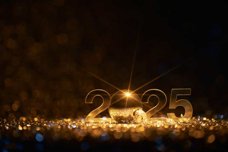 Golden New Year 2025 Celebration Display with Sparkling Decorations and Defocused Glittering Lights