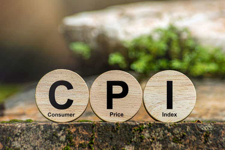 CPI, Consumer Price Index Concept Wooden blocks with the word CPI on a stack of coins. A small shopping cart on a natural green background, commodity price inflation and rising inflation.