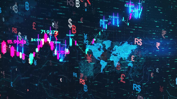 World map background with global currency icons and chart.