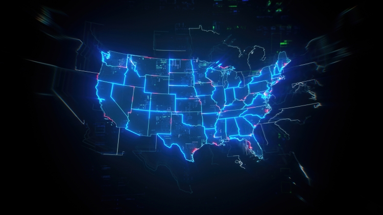 Map of USA on dark digital background representing global communication and global finances
