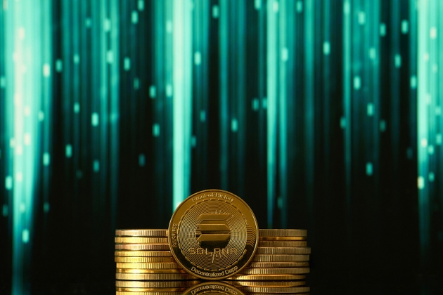 Solana gold cryptocurrencies stacked with a vibrant digital background