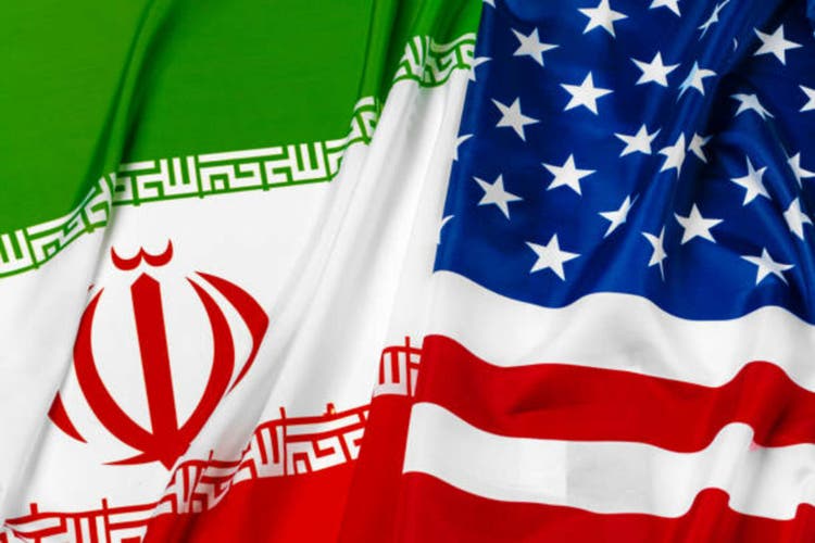 Flag of Iran together with flag of the United States of America