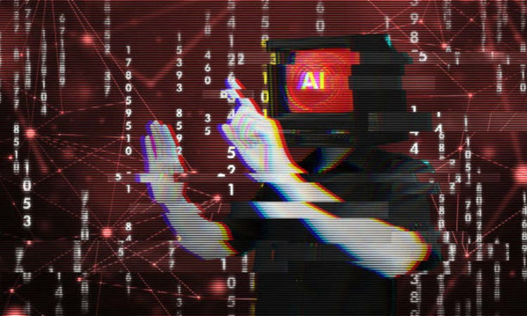 Glitching corrupted AI system hacked on red matrix background