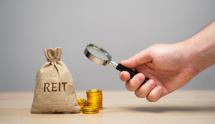 Money bag Reit and businessman. Real estate investment trust concept. Company that owns, operates, or finances income-generating real estate.