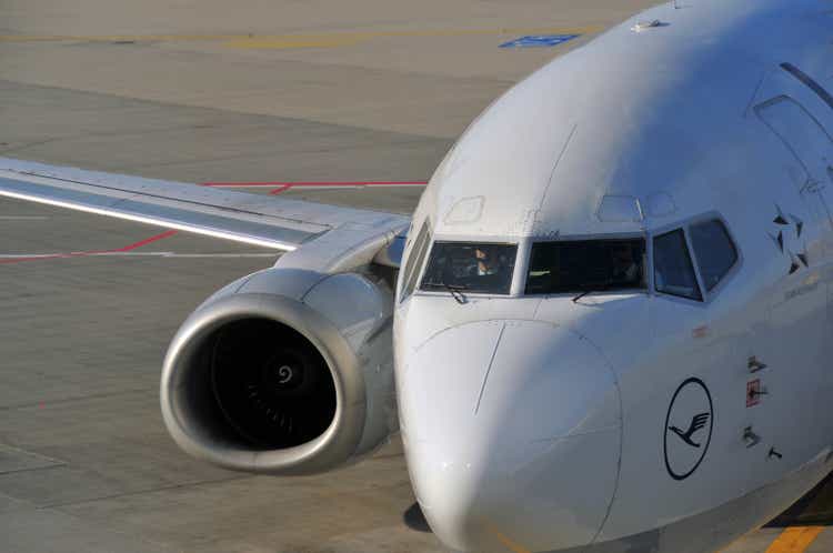 Front view of Boeing 737, showing the unique shape of the engine nacelle, Frankfurt International Airport, Germany