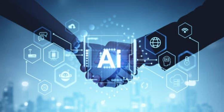 Human and robot handshake, AI chip hologram and futuristic technologies icons