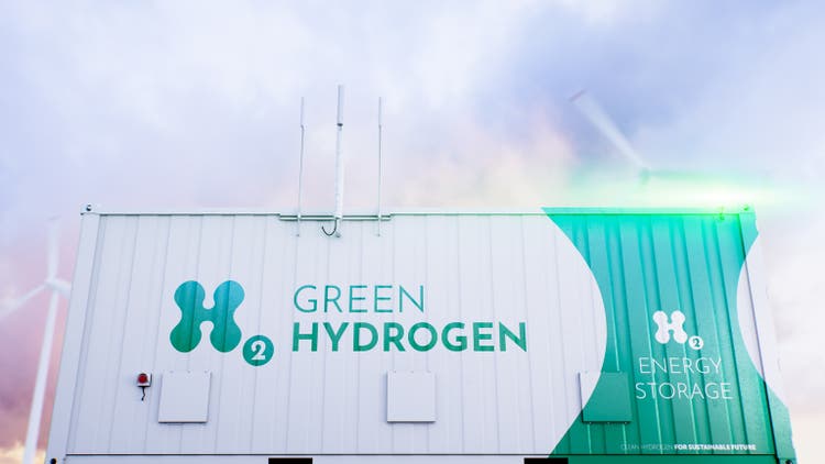 3D rendering of a green hydrogen storage container for energy produced via wind turbines, symbolizing clean energy transition and sustainable technology solutions.