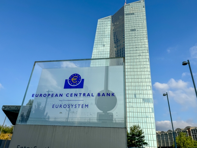 Signage for the European Central Bank Headquarters office tower in Frankfurt, Germany