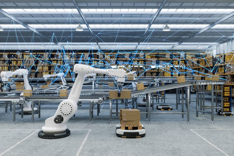 Distribution Warehouse With Plexus, Automated Guided Vehicles And Robots Working On Conveyor Belt