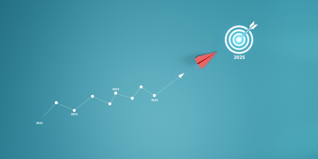 red plane is heading to 2025 target. business creativity new idea discovery innovation technology. new year idea concept.