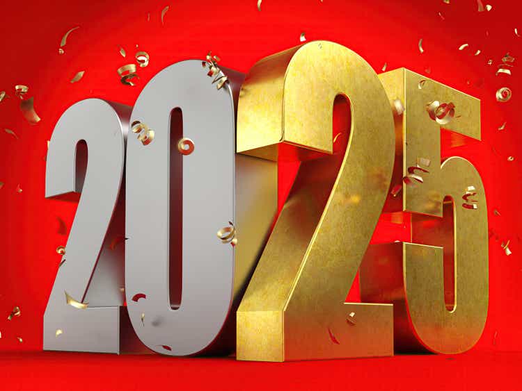 Golden 3D 2025 on Red Background with Confetti