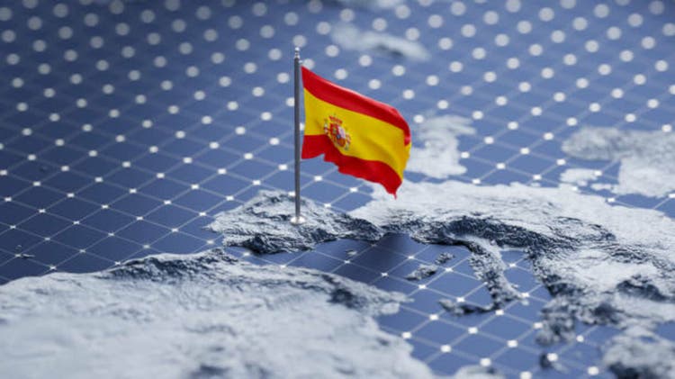 Flag of Spain waving on pole on the 3d topographic map surface and abstract background with a grid