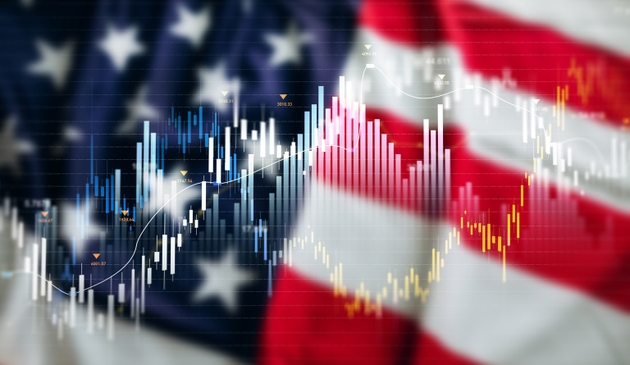 US Development Economics and Investment. Virtual financial analysis graphic hologram on the development of the US flag.