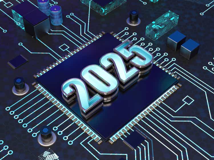 2025 Sign on Microchip and Motherboard. Technology Concept