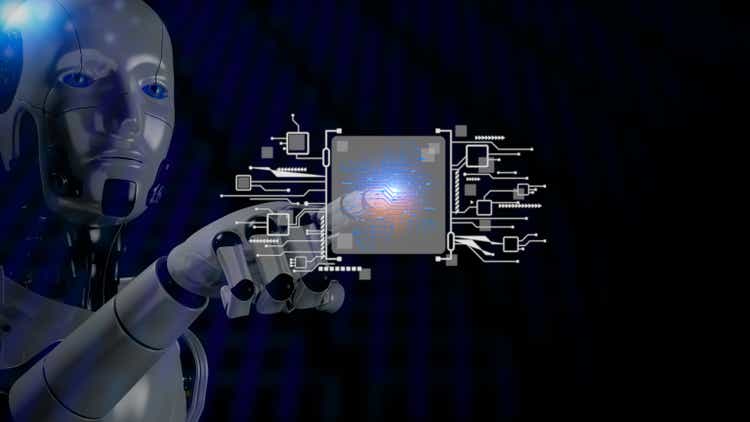 robotic hand with technology digital element icon isolate on blue.Verifying the identity of authorized users for AI access is one way to maintain confidentiality, safety on technology concept