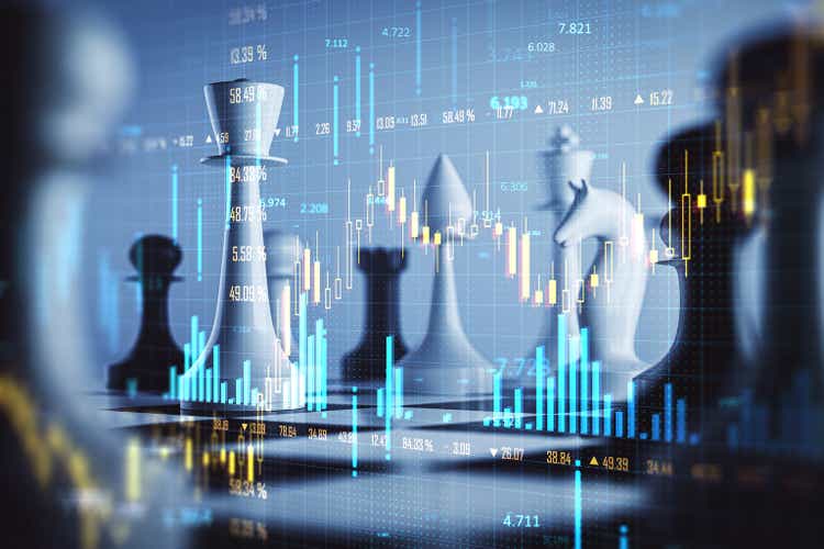 Chess pieces overlayed with financial data and graphs concept.