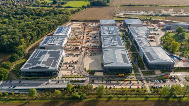 Drone/aerial view of a newly built business park in the UK