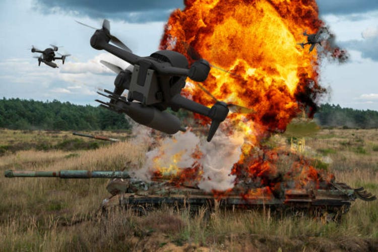 FPV drones attacking a tank.3d render.