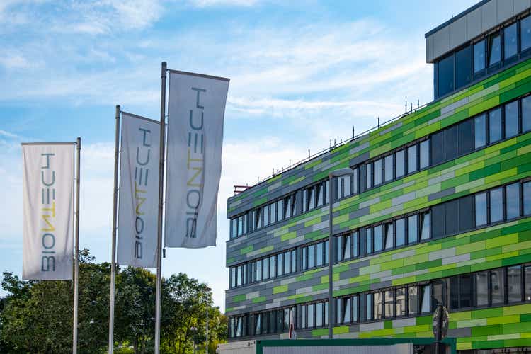 BioNTech headquarters with company flags, German biotechnology company, BioNTech Manufacturing, development and production active immunotherapeutic agents in Mainz, Germany - September 7, 2024