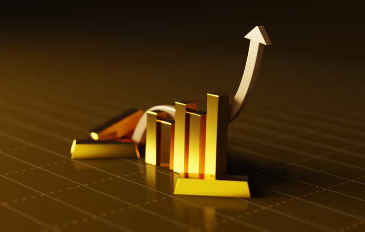 Market Performance, Modern 3D Illustrator Render of Gold Bars and Arrow on Bar Graph