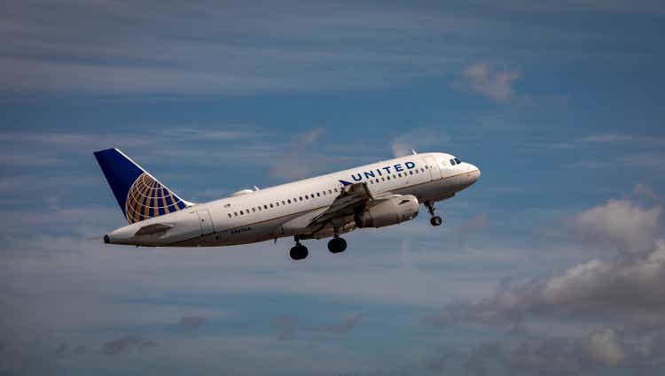 03-23-2019 Santa Ana CA USA United Airlines jet taking off from ohn Wayne Airport against blue sky and clouds