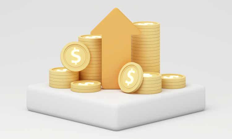 Stacked coins and upward arrow representing financial growth, profit increase, and wealth accumulation. Perfect for business and economic themes. 3d rendering