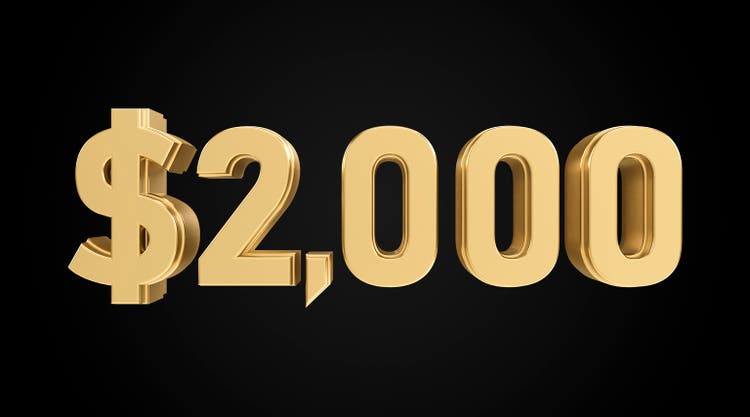 two thousand dollars with gold texture, 3D numbers, 3D dollar symbol