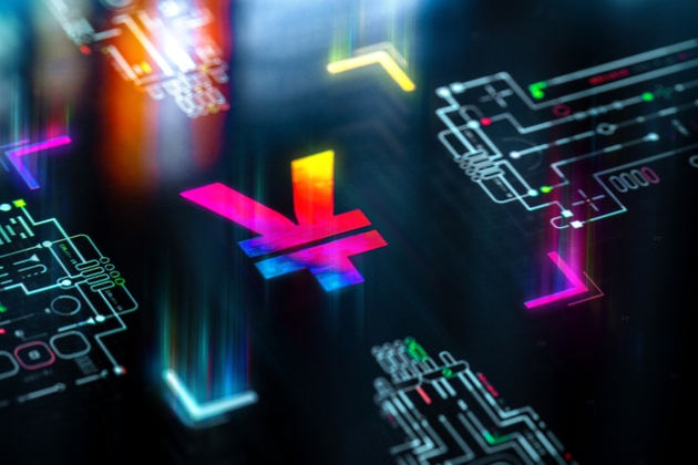 Yuan digital currency concept background. Yuan as a strongest currency for global payments and trading. Futuristic Yuan icon in world of technological progress and innovation