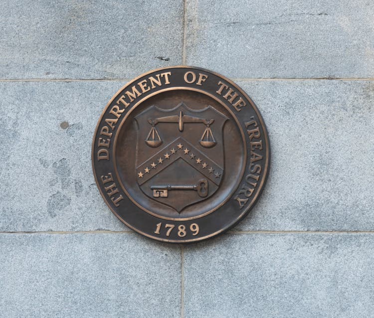 Close up of the Treasury Department sign in Washington
