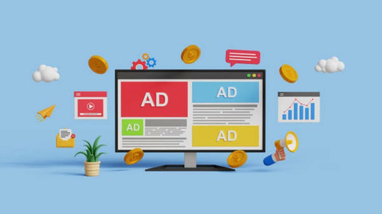 Online advertising on social media. PPC ad campaign. Targeted inbound ad. 3D digital marketing with programmatic social network advertising