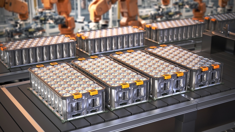 3D illustration of lithium-ion battery packs on a production line in a manufacturing facility during the daytime