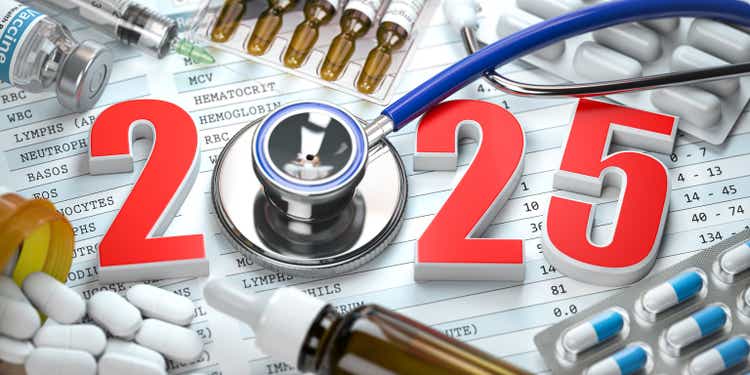 2025 Happy New Year. Health care, medicine and pharmacy concept. Number 2025 with stethoscope and meds.