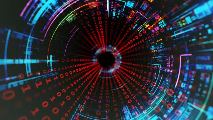 Digital Data flow - tunnel with binary code and information. AI - Artificial Intelligence - concept CPU quantum computing. Digital transformation and big data.