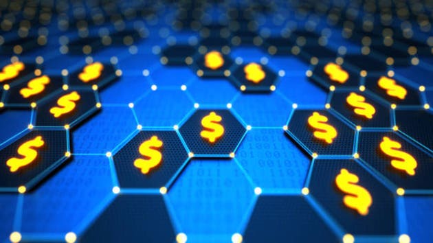 Futuristic digital technological background with hexagonal elements, yellow glowing dollar signs and binary code. Security and protection your money concept.