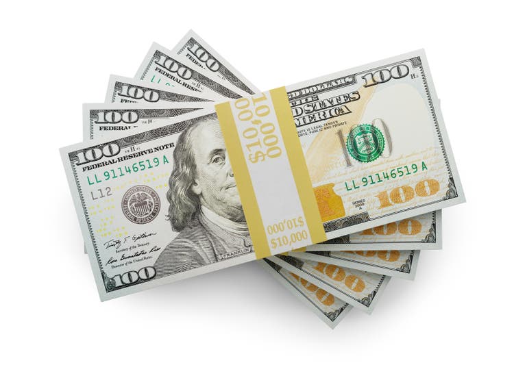 Fifty Thousand Dollars Stack of One Hundred Dollar Bills Isolated on a White Background.